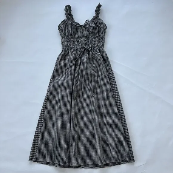 Storia Gingham Midi Dress Size Medium Black White Elastic Tie Waist - Picture 4 of 9